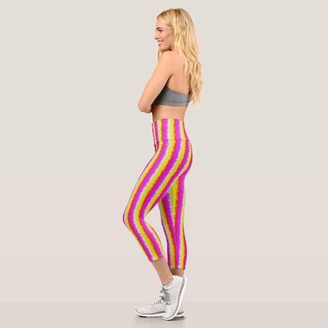 Yellow Pink Broken Glass Rainbow Stripes Capri Leggings (Left)