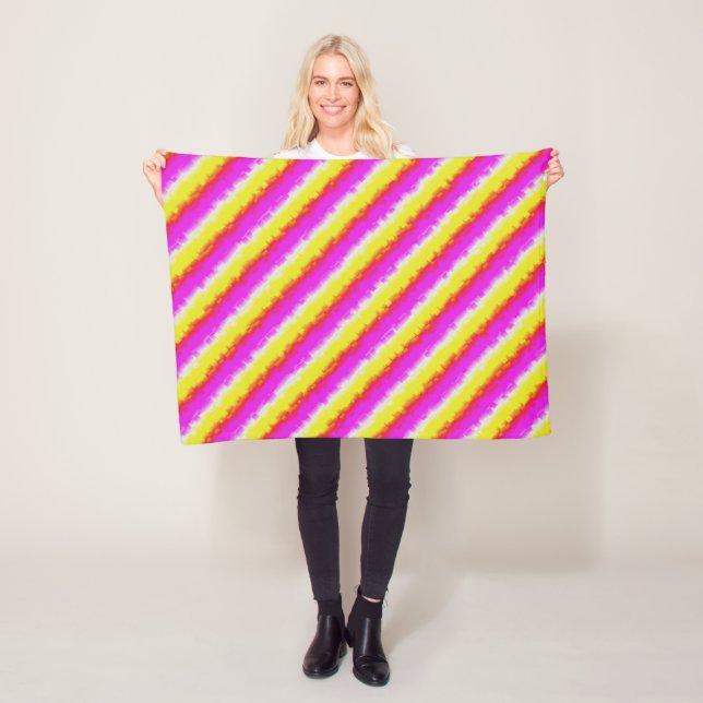 Yellow Pink Broken Glass Rainbow Stripes Fleece Blanket (In Situ)