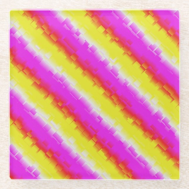Yellow Pink Broken Glass Rainbow Stripes Glass Coaster (Front)