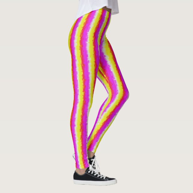 Yellow Pink Broken Glass Rainbow Stripes Leggings (Right)