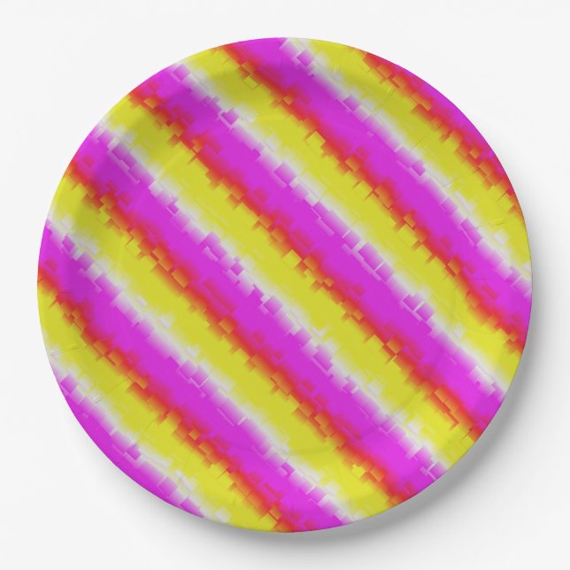 Yellow Pink Broken Glass Rainbow Stripes Paper Plates (Front)