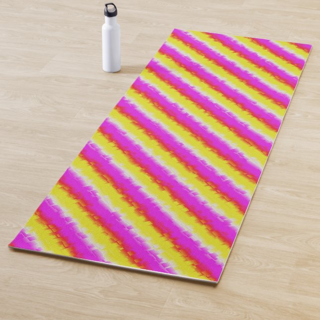 Yellow Pink Broken Glass Rainbow Stripes Yoga Mat (In Situ)