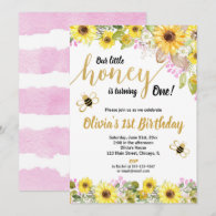 Yellow pink bumble bee sunflower girl 1st birthday invitation