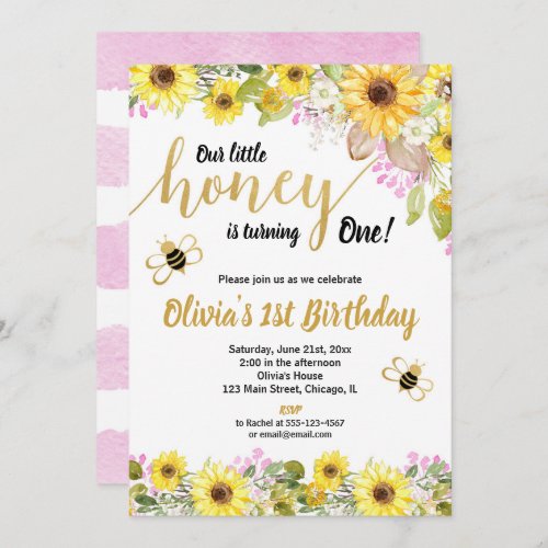 Yellow pink bumble bee sunflower girl 1st birthday invitation