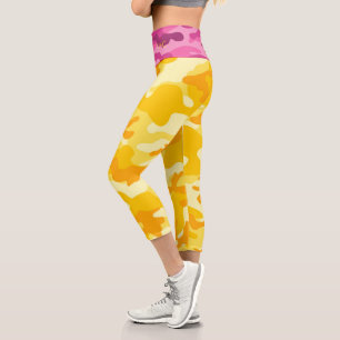 Yellow Pink Camo Monogram INITIALS Womens Colorful Capri Leggings