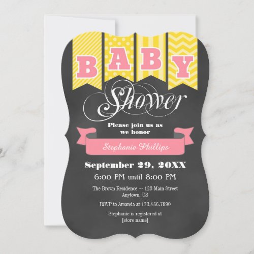 Yellow Pink Chalkboard Flag Baby Shower Invite