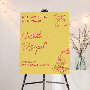 Yellow Pink Champagne Tower Summer Wedding Welcome Foam Board