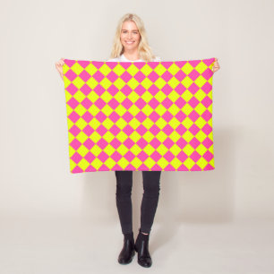Yellow Pink Checker Pattern Fleece Blanket