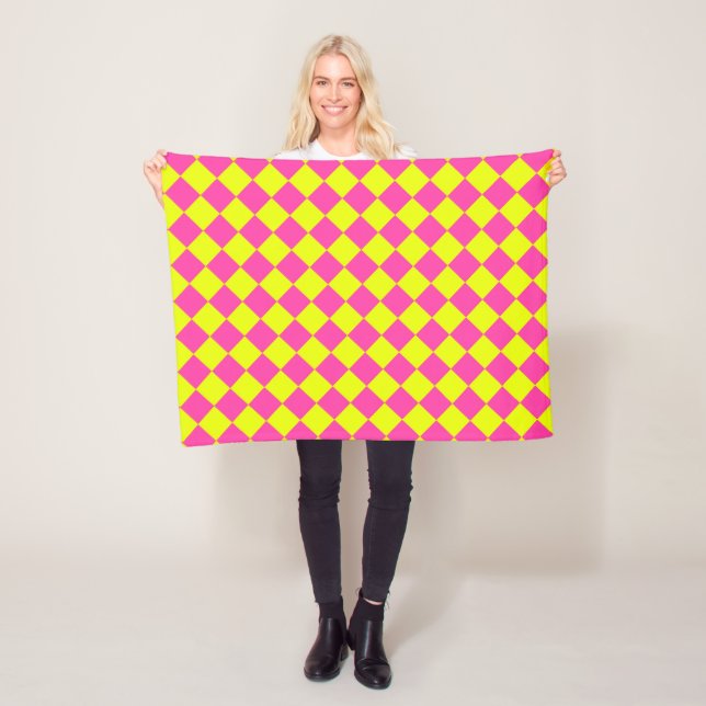 Yellow Pink Checker Pattern Fleece Blanket (In Situ)