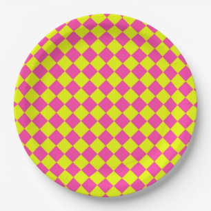 Yellow Pink Checker Pattern Paper Plates