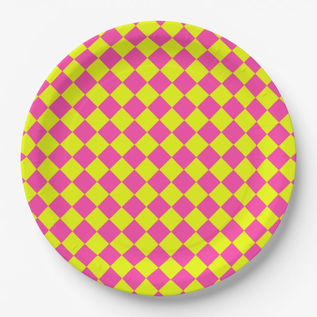 Yellow Pink Checker Pattern Paper Plates (Front)