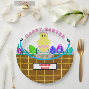 Yellow Pink Chick Easter Eggs Paper Plates