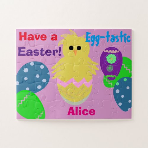 Yellow Pink Chick Easter Eggs Personalized NAME Jigsaw Puzzle