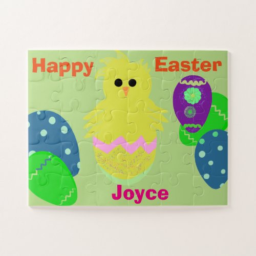 Yellow Pink Chick Eggs Easter Personalized NAME Jigsaw Puzzle