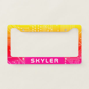 Yellow & Pink Circuit Board, Name in White Text License Plate Frame