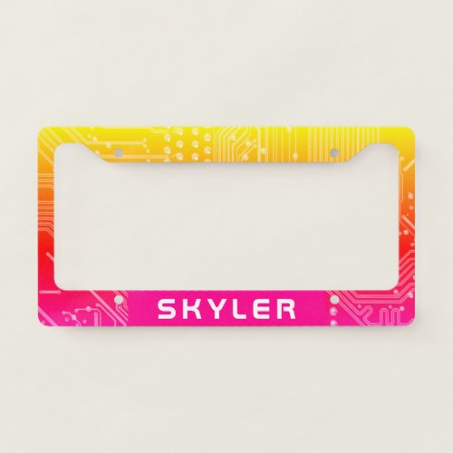 Yellow  Pink Circuit Board Name in White Text License Plate Frame