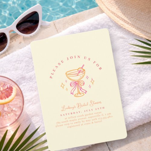 Yellow Pink Cocktail Bridal Shower Bow Invitation