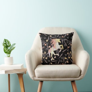 Yellow Pink Coral Black Unicorn & Floral Pattern Throw Pillow