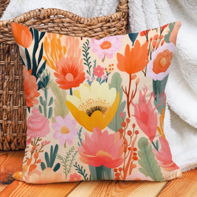 Yellow Pink Coral Cream Floral  Throw Pillow (Yellow Pink Coral Cream Floral Throw Pillow)