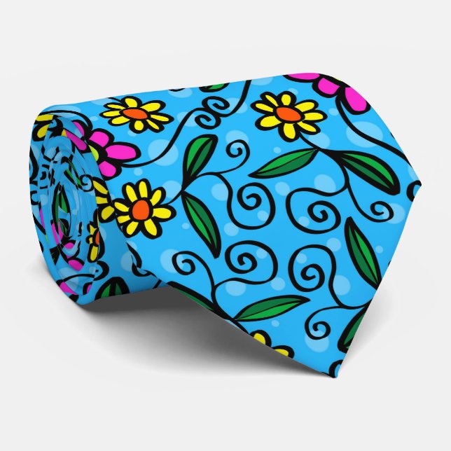 Yellow pink daisies, flowers with blue background neck tie (Rolled)