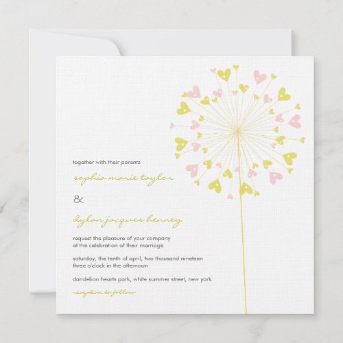 Yellow Pink Dandelions Love Wedding Invitation