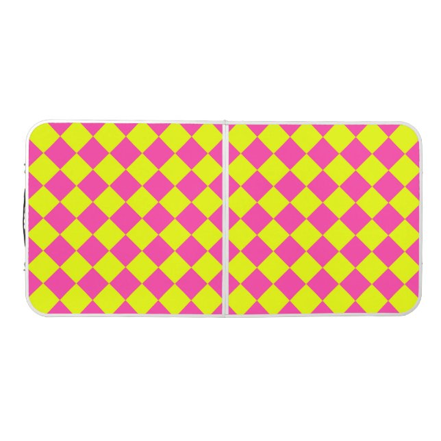 Yellow Pink Diamond Checker Pattern Beer Pong Table (Top)