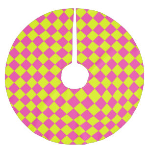 Yellow Pink Diamond Checker Pattern Brushed Polyester Tree Skirt