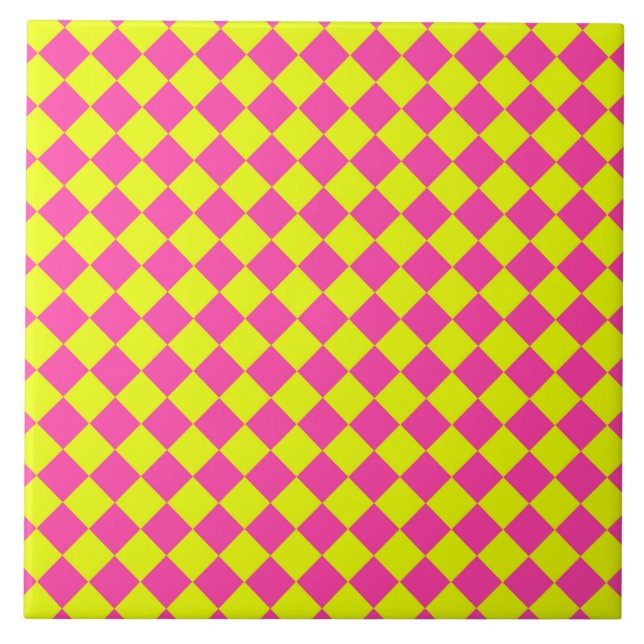 Yellow Pink Diamond Checker Pattern Ceramic Tile (Front)