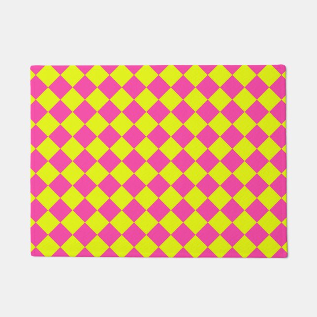 Yellow Pink Diamond Checker Pattern Doormat (Front)