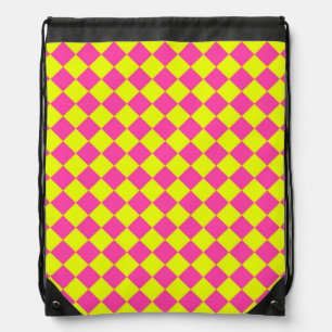 Yellow Pink Diamond Checker Pattern Drawstring Bag