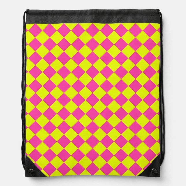 Yellow Pink Diamond Checker Pattern Drawstring Bag (Front)