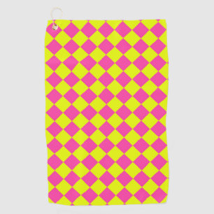 Yellow Pink Diamond Checker Pattern Golf Towel