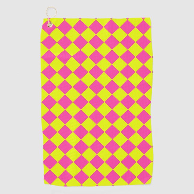 Yellow Pink Diamond Checker Pattern Golf Towel (Front)