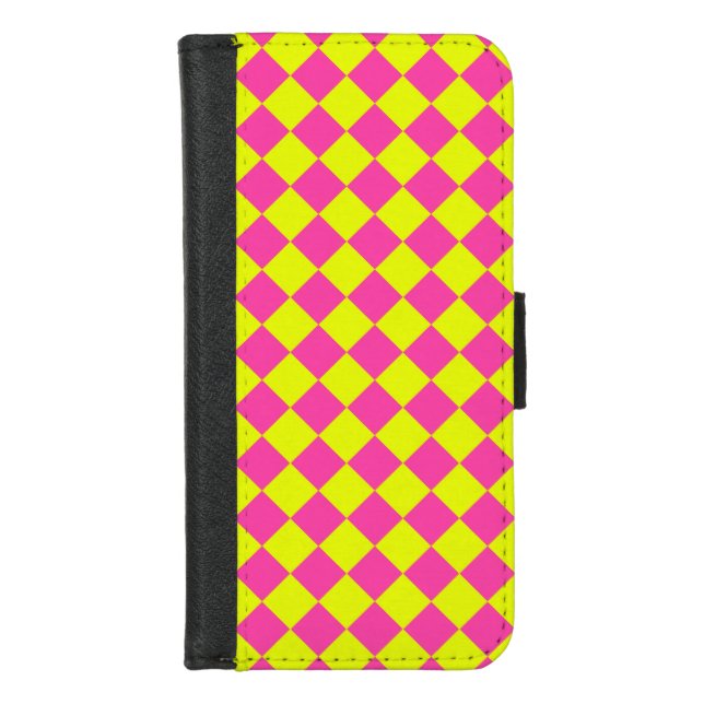 Yellow Pink Diamond Checker Pattern iPhone Wallet Case (Front)