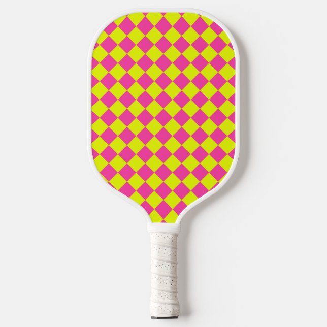 Yellow Pink Diamond Checker Pattern Pickleball Paddle (Front)