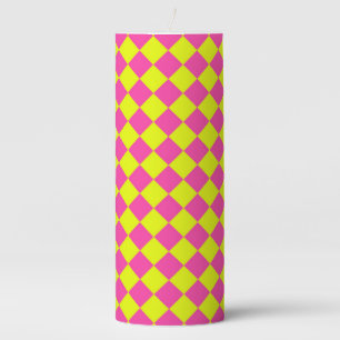 Yellow Pink Diamond Checker Pattern Pillar Candle