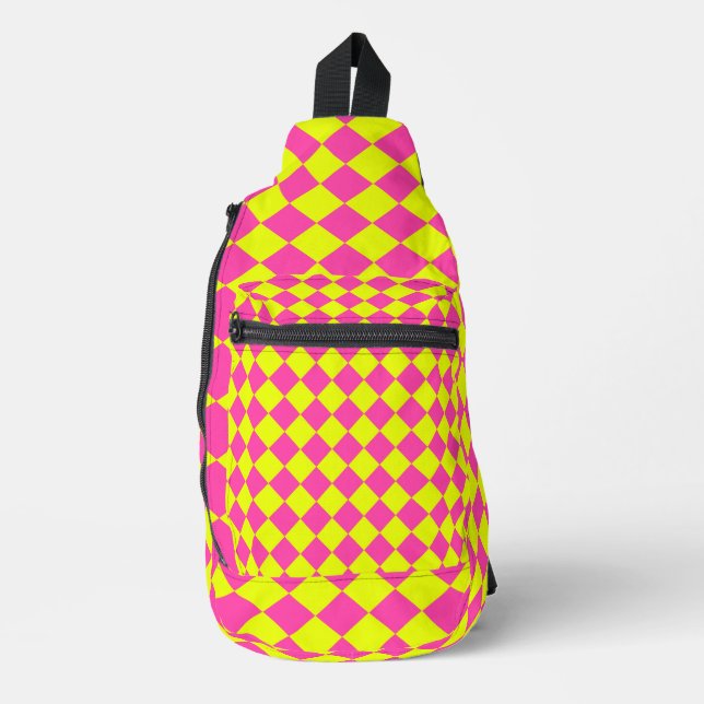 Yellow Pink Diamond Checker Pattern Sling Bag (Front)