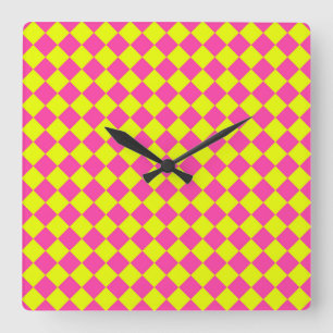 Yellow Pink Diamond Checker Pattern Square Wall Clock
