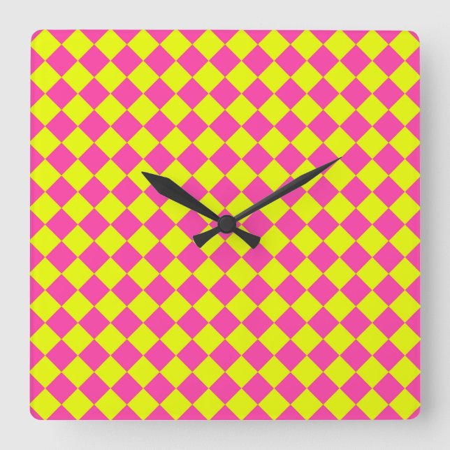 Yellow Pink Diamond Checker Pattern Square Wall Clock (Front)