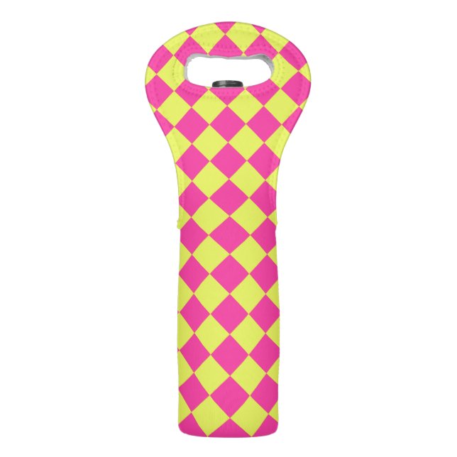 Yellow Pink Diamond Checker Pattern Wine Bag (Front)