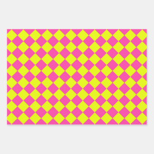 Yellow Pink Diamond Checker Pattern Wrapping Paper Sheets