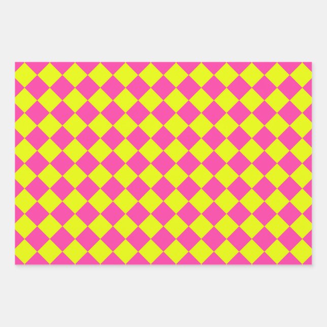 Yellow Pink Diamond Checker Pattern Wrapping Paper Sheets (Front)