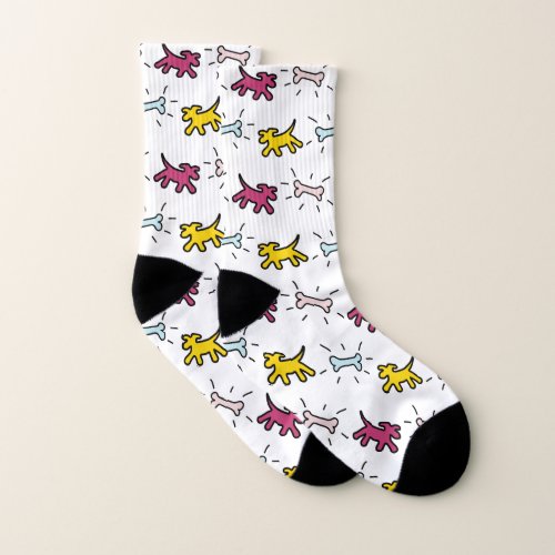 Yellow Pink Dogs Bones Graffiti Style Socks