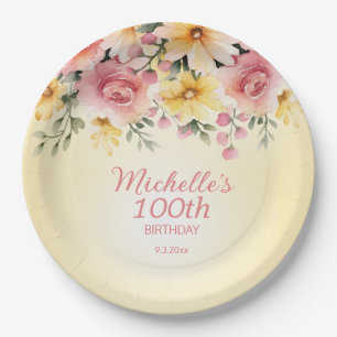 Yellow Pink Floral 100th Birthday Party Paper Plates