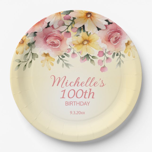 Yellow Pink Floral 100th Birthday Party Paper Plates (Front)