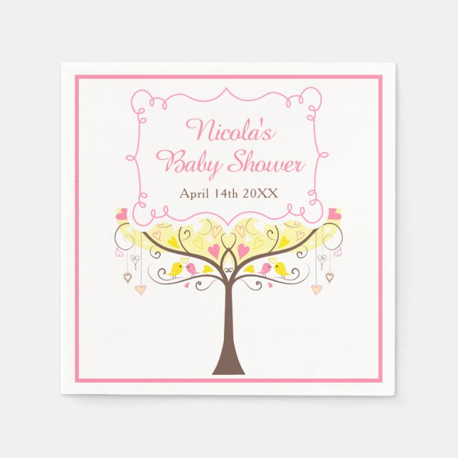 yellow Pink Floral Bird Baby Shower  Napkins (Front)