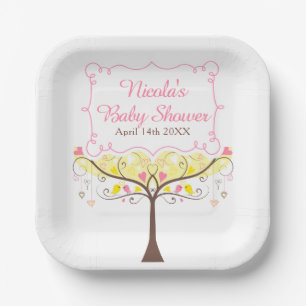 Yellow Pink Floral Bird Baby Shower Paper Plates