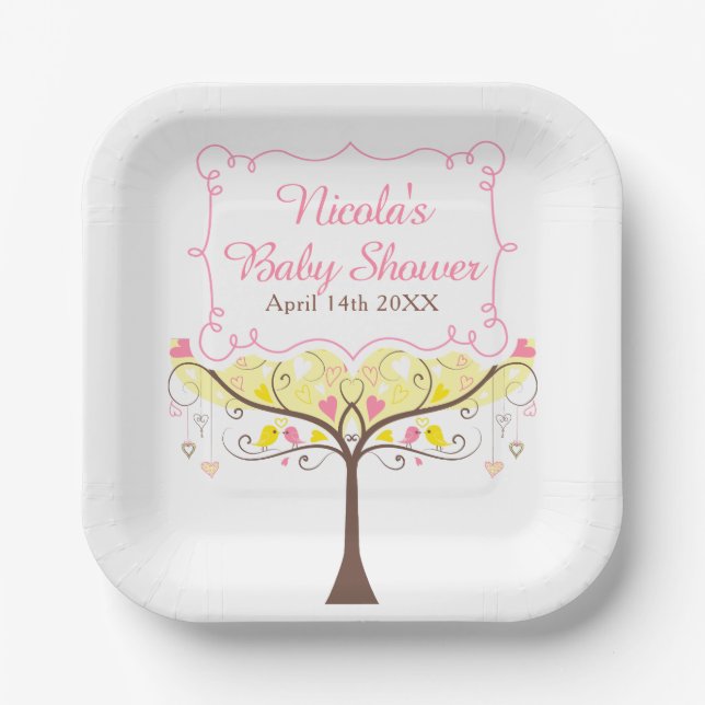 Yellow Pink Floral Bird Baby Shower  Paper Plates (Front)