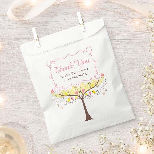 Yellow Pink Floral Bird Baby Shower Thank You Favor Bag (Clipped)