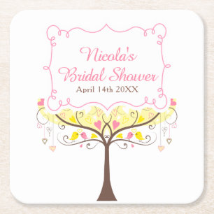 Yellow Pink Floral Bird Bridal Shower Square Paper Coaster